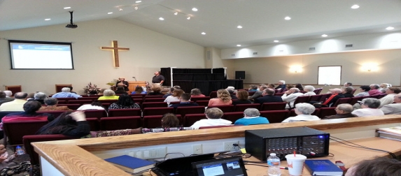 The auditorium during a Sunday service, seen from the sound desk